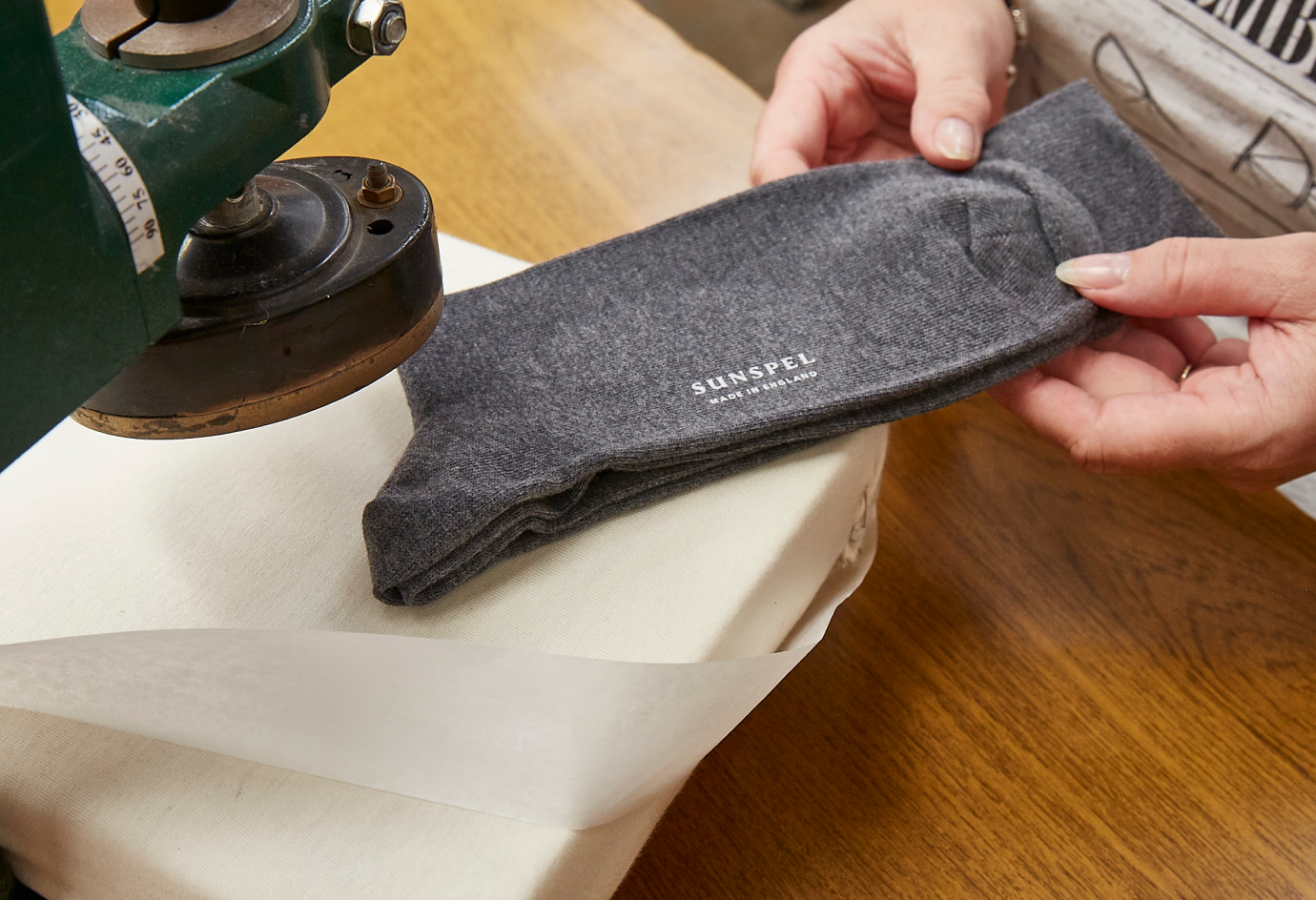 A finished pair of our Sunspel socks from our factory