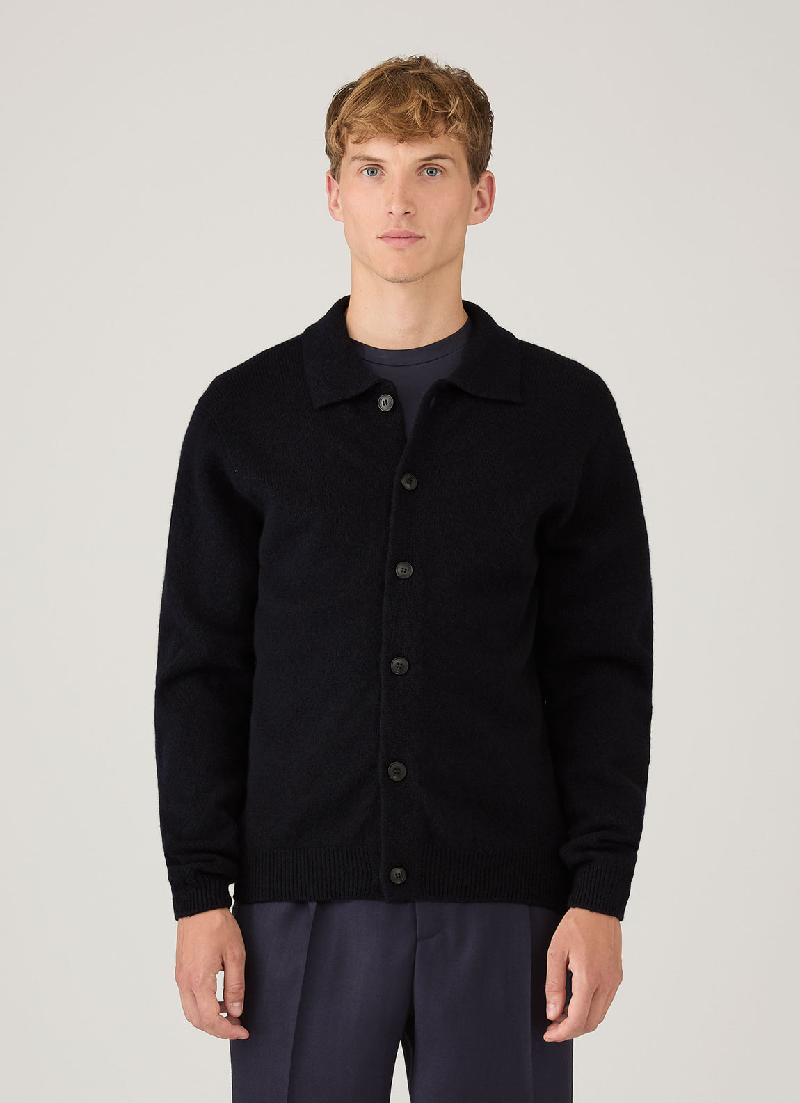 Men's Lambswool Cardigan in Dark Navy Mouline