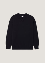 Men's Lambswool V-neck Jumper in Dark Navy Mouline