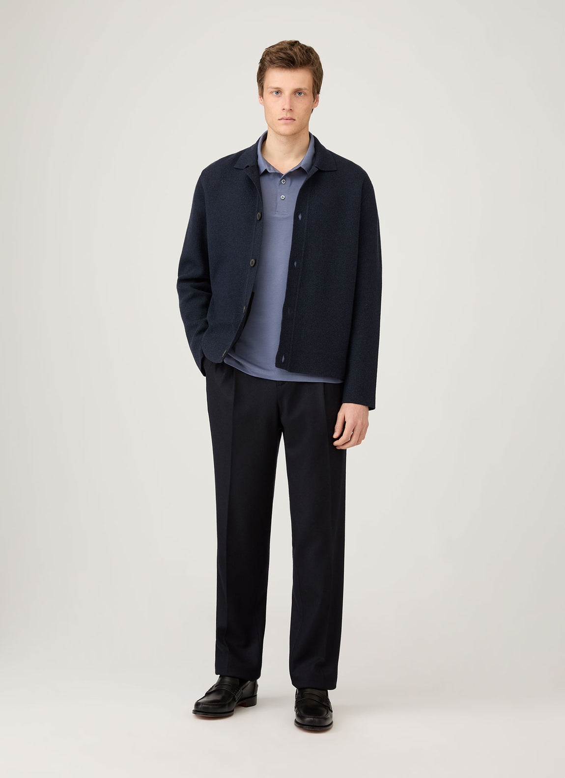 Men's Long Sleeve Classic Jersey Polo Shirt in Selvedge Blue