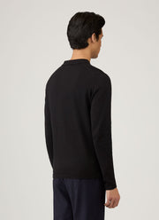 Men's Long Sleeve Sea Island Cotton Knit Polo Shirt in Black