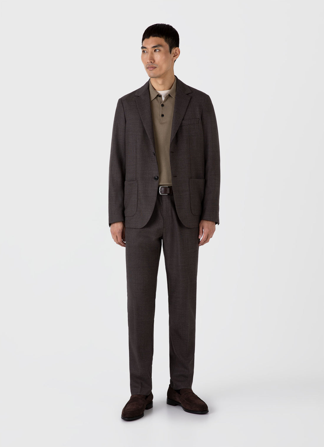 Men's Long Sleeve Sea Island Cotton Knit Polo Shirt in Dark Stone