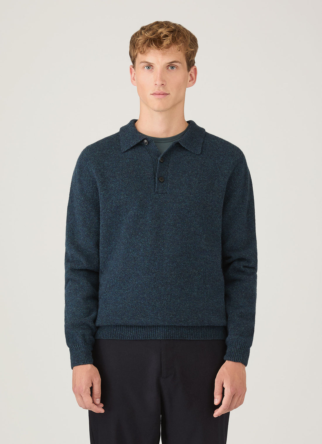 Men's Lambswool Polo Shirt in Dark Petrol Twist