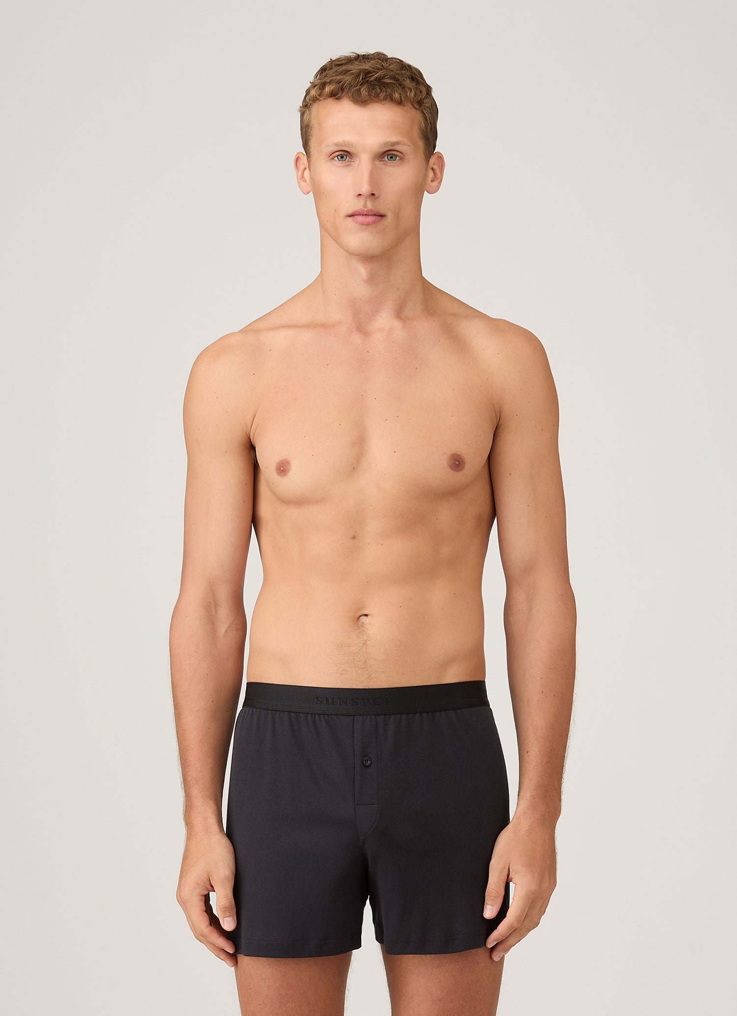 Men's Sea Island Cotton One-Button Boxer Short in Black