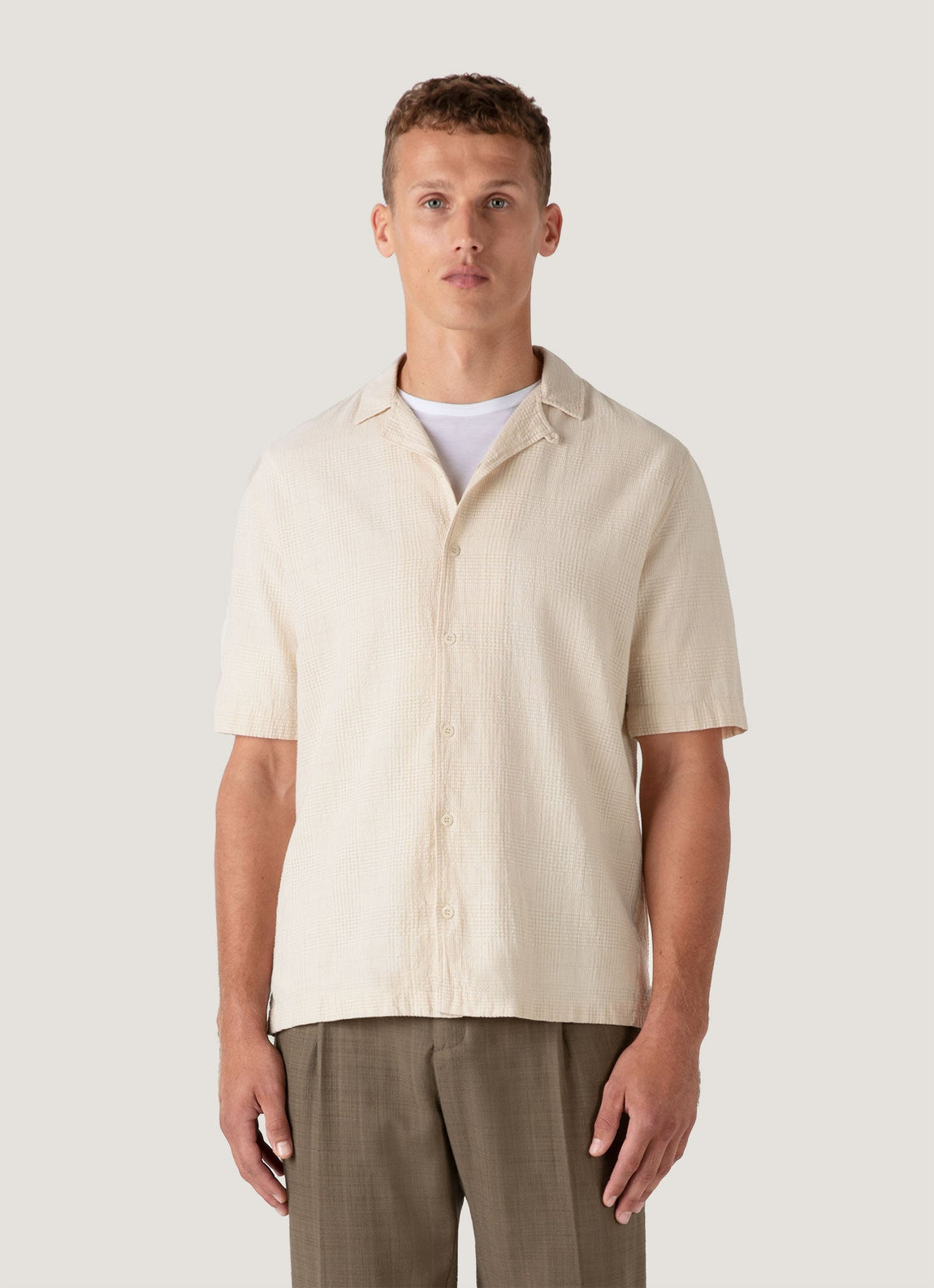 Men's Loose Weave Check Camp Collar Shirt in Ecru
