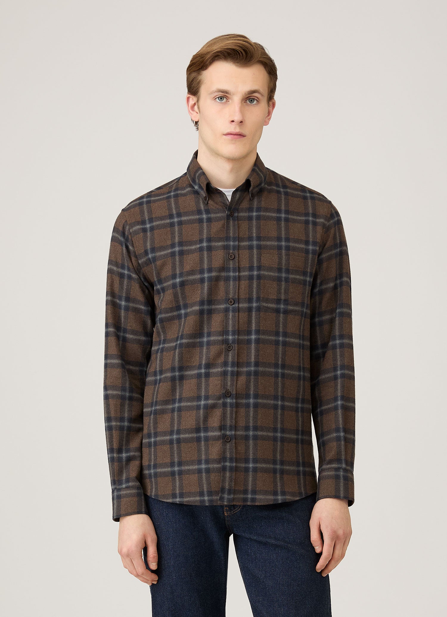 Men's Button Down Flannel Shirt in Bark Check