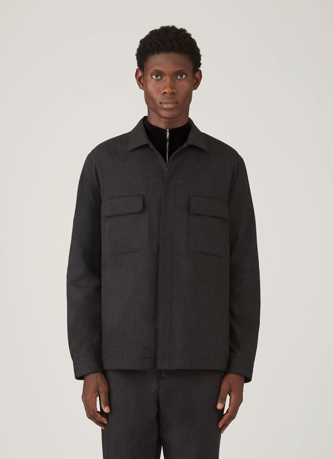 Men's Wool Cashmere Flannel Overshirt in Charcoal Melange
