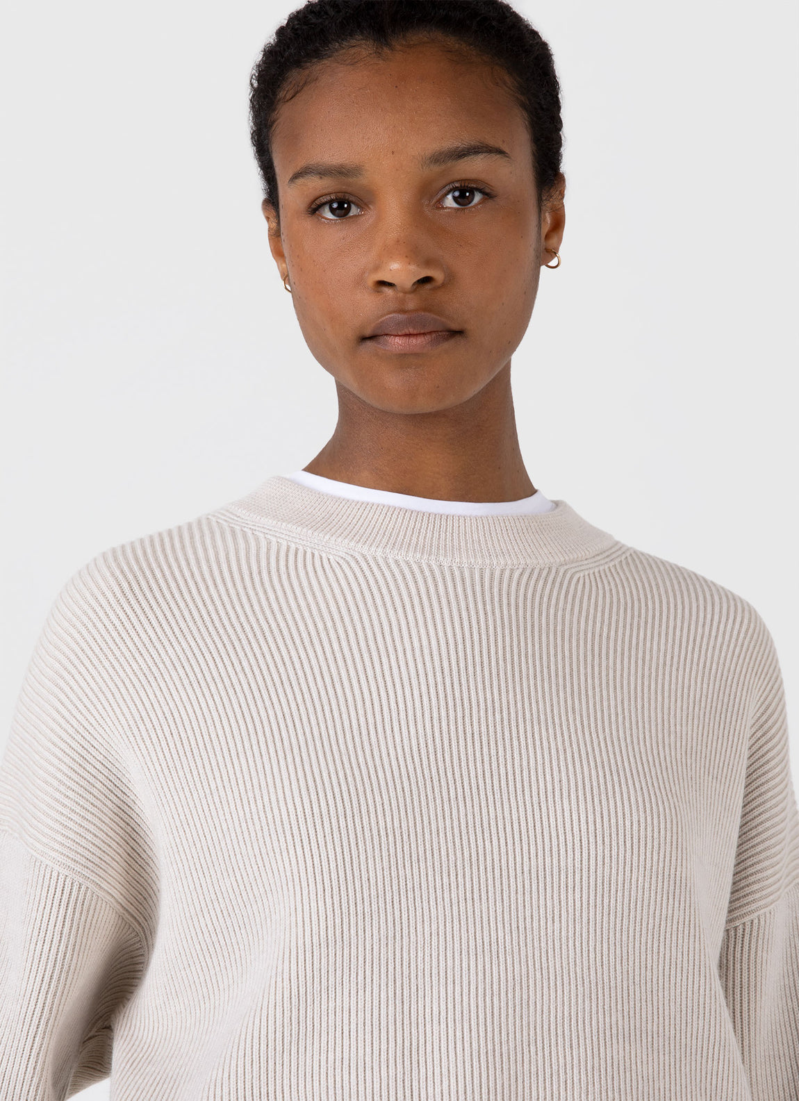 Women's Ribbed Crew Neck Jumper in Ecru
