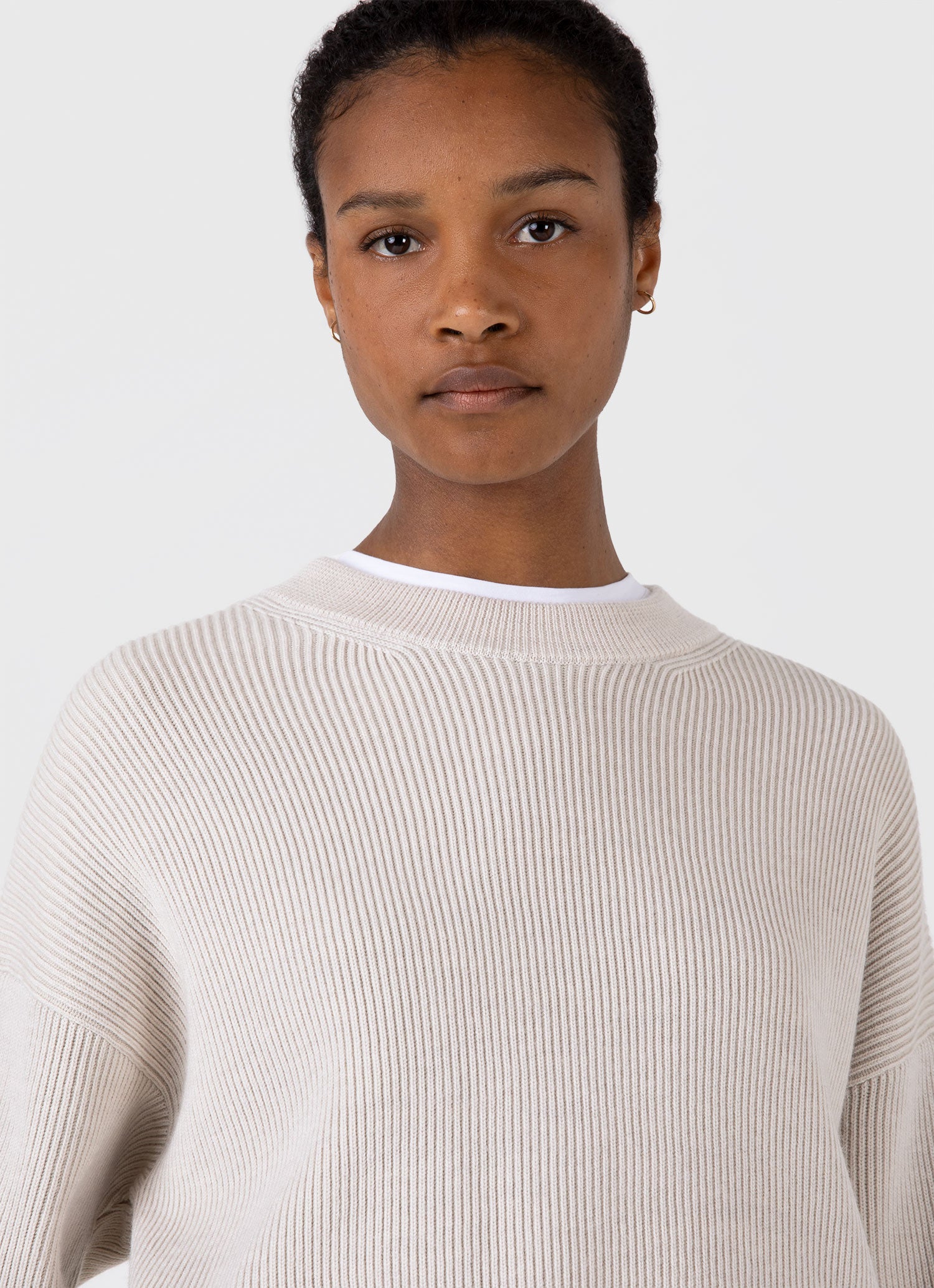 Women's Ribbed Crew Neck Jumper in Ecru